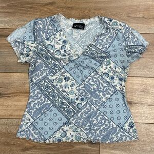 WE TOO 2000s Blue & White Paisley Patchwork Tee | Size Large